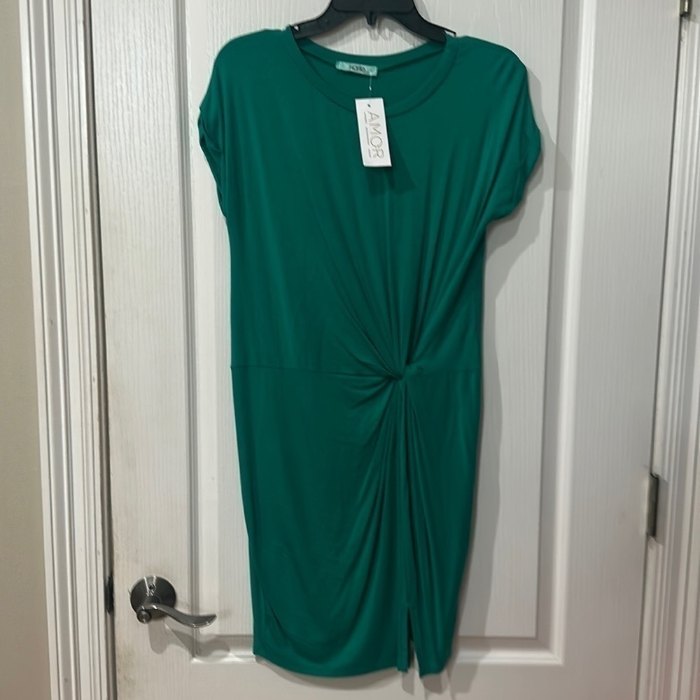 Karlie small, crewneck twist, tie waist, green dress NWT